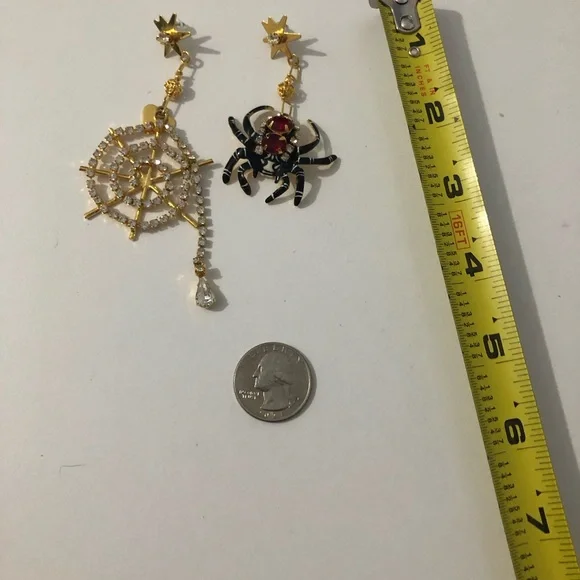 Lunch At The Ritz Gold And Black Crystal Spider Spiderweb Dangle Earrings - Picture 8 of 8